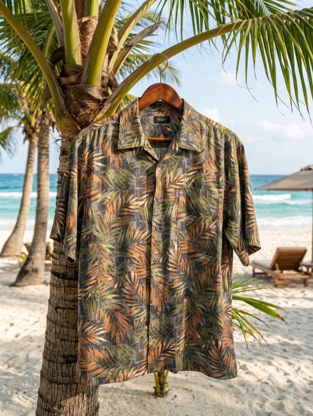 Haggar Men's Green & Brown Leaf Print Button-Up Silk Camp Shirt Size L